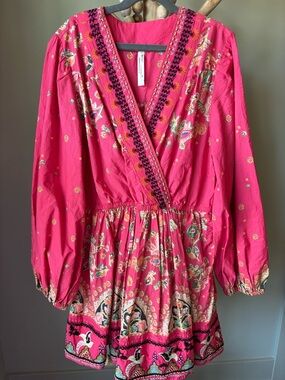 Anthropologie Pink Embroidered V-Neck Dress